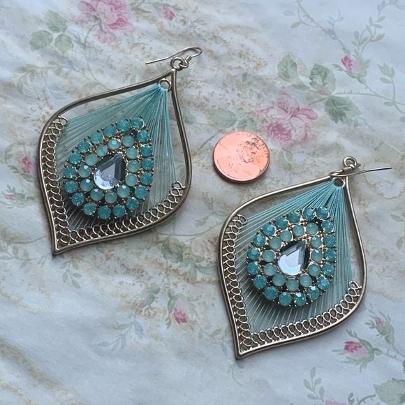 Stunning Blue Green Thread & Rhinestones Large Bohemian Earrings Woman’s Jewelry - Picture 4 of 5